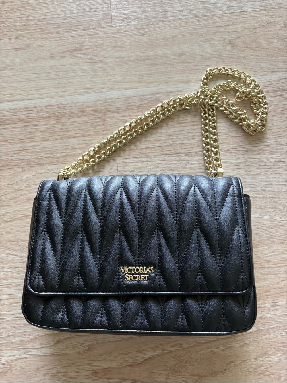 Victoria's Secret Black Quilted Crossbody with Gold Chain